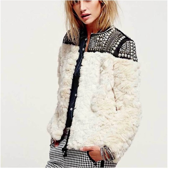 Free People Jackets & Blazers - FREE PEOPLE Nordic Nights Faux Fur Plush Studded Beaded Jacket Small
